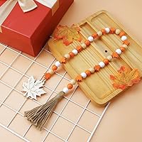 Vista 3 de Guirnalda de cuentas de madera de otoño naranja de Acción de Gracias con borlas, etiqueta de hoja de arce, cuentas de granja, decoración natural