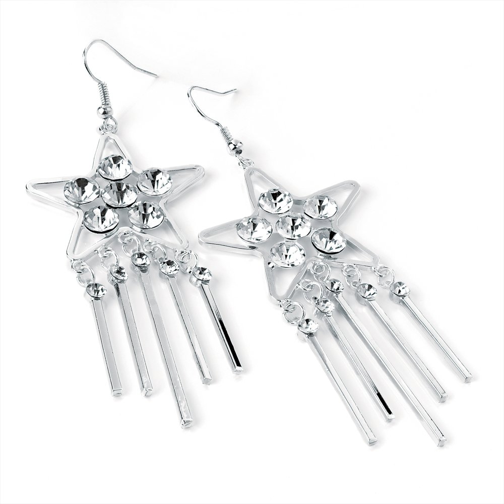 ER24918 Silver Colour Crystal Star Drop Earrings Pierced Wedding Party Prom