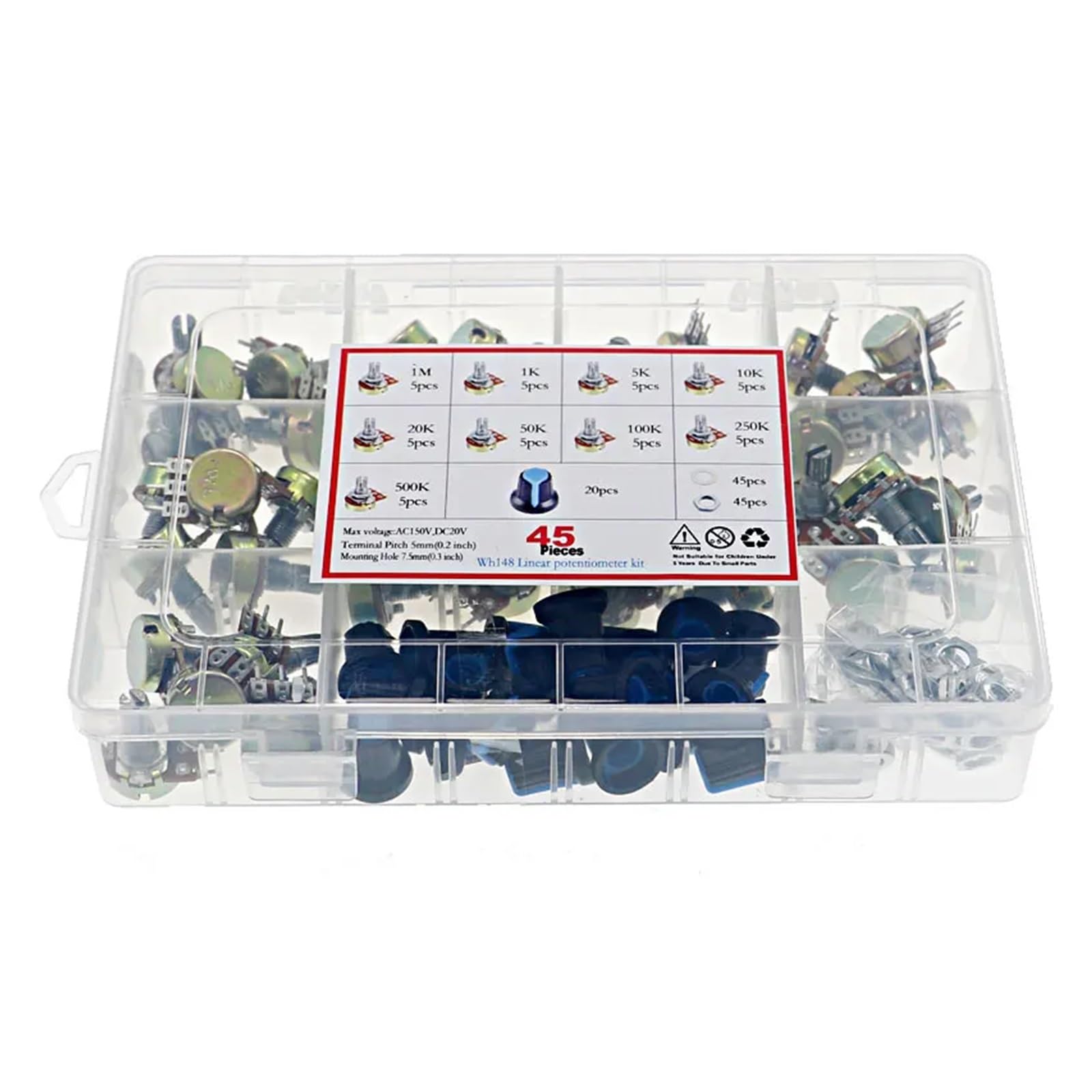 Kit de potenciómetro único WH148 de 45 Piezas, Caja B1K, 5K, 10K, 20K, 50K, 100K, 500K, 1M con perillas, Juego de potenciómetros Individuales, Tuercas de Eje
