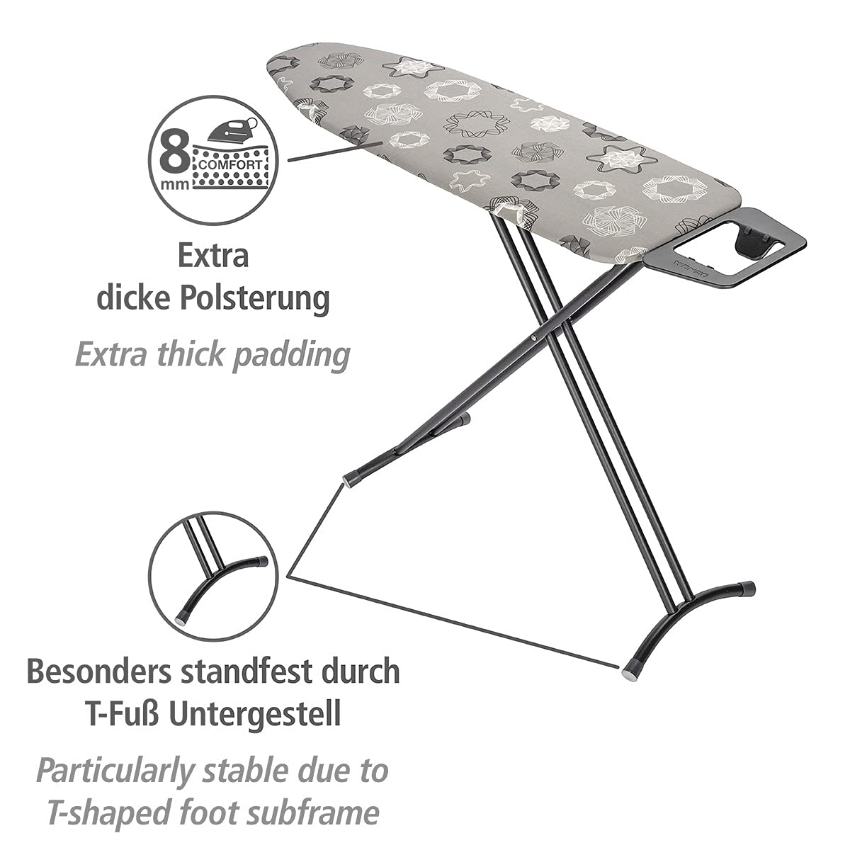 WENKO Bügeltisch Classic Black, Bügelbrett, dampfbügelgeeignet, mehrfach höhenverstellbar 73-90 cm, besonders standfest in Schwarz Ø 22/28 mm, Bügelfläche 120 x 38 cm, 8 mm Polsterung