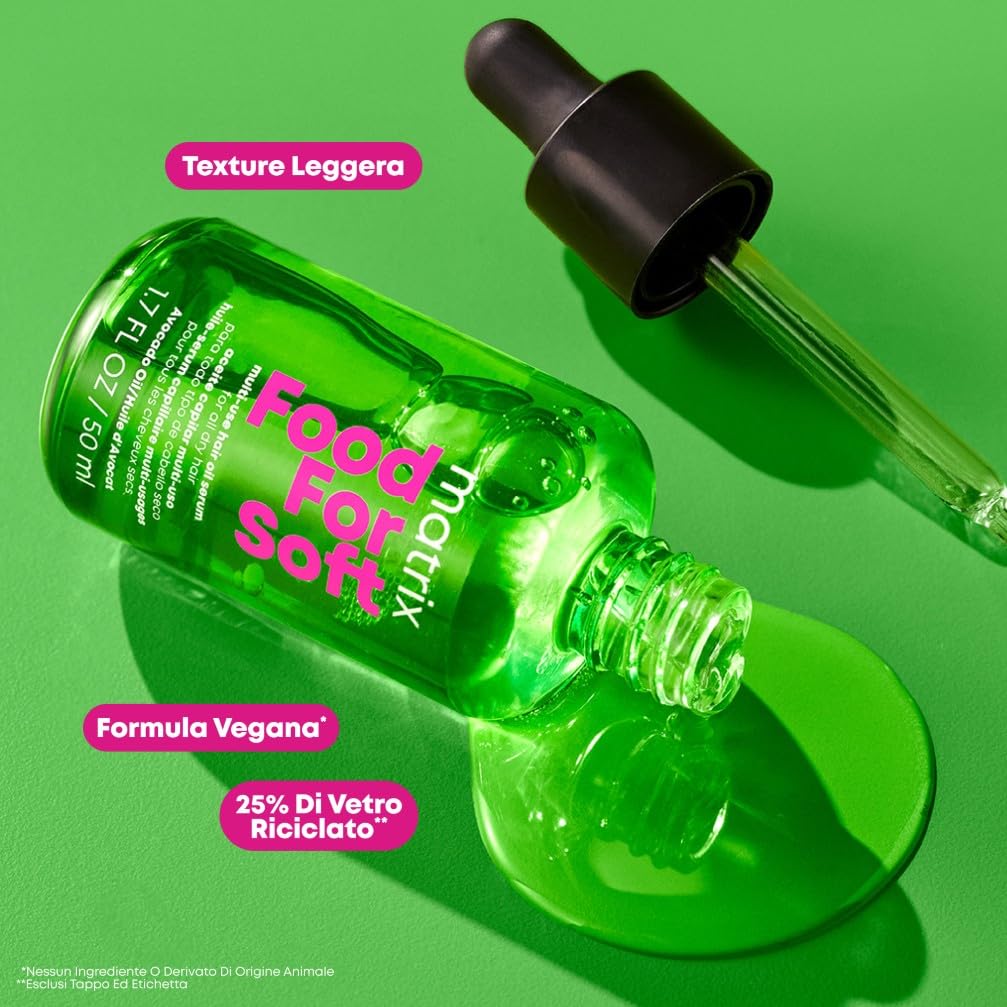 Matrix, Olio Multi-Uso Idratante per Capelli Secchi, Termoprotettore, Chioma Effetto Seta, Con Olio di Avocado e Acido Ialuronico, Food For Soft, 50 ml