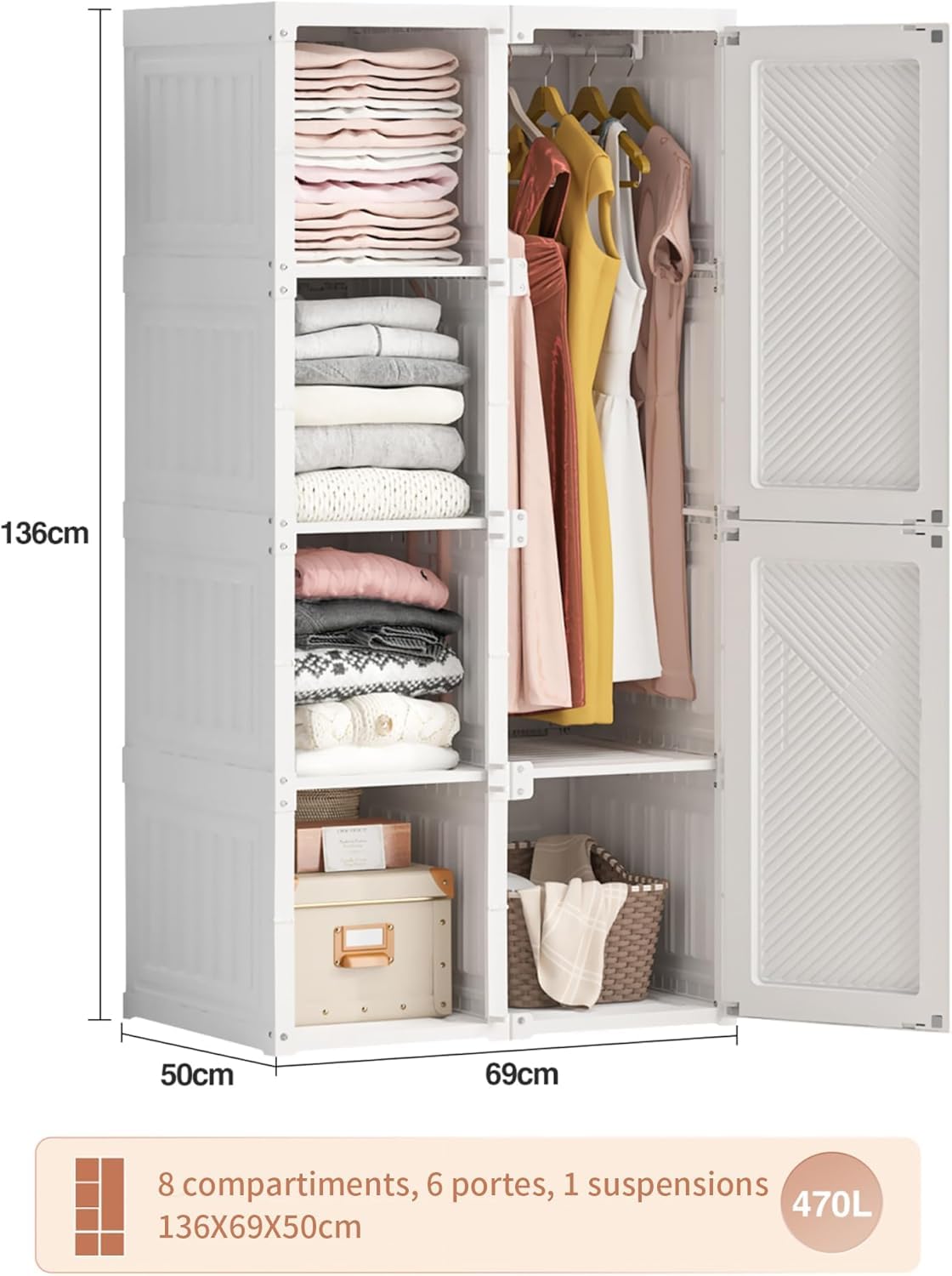 LONELYO Armoire de Rangement,Armoire Pliable, avec Portes,Penderie Portable avec Barre de Suspension, Chambre, Vestiaire, Salle d’étude,Blanc (Armoire Blanche 5×6+1)