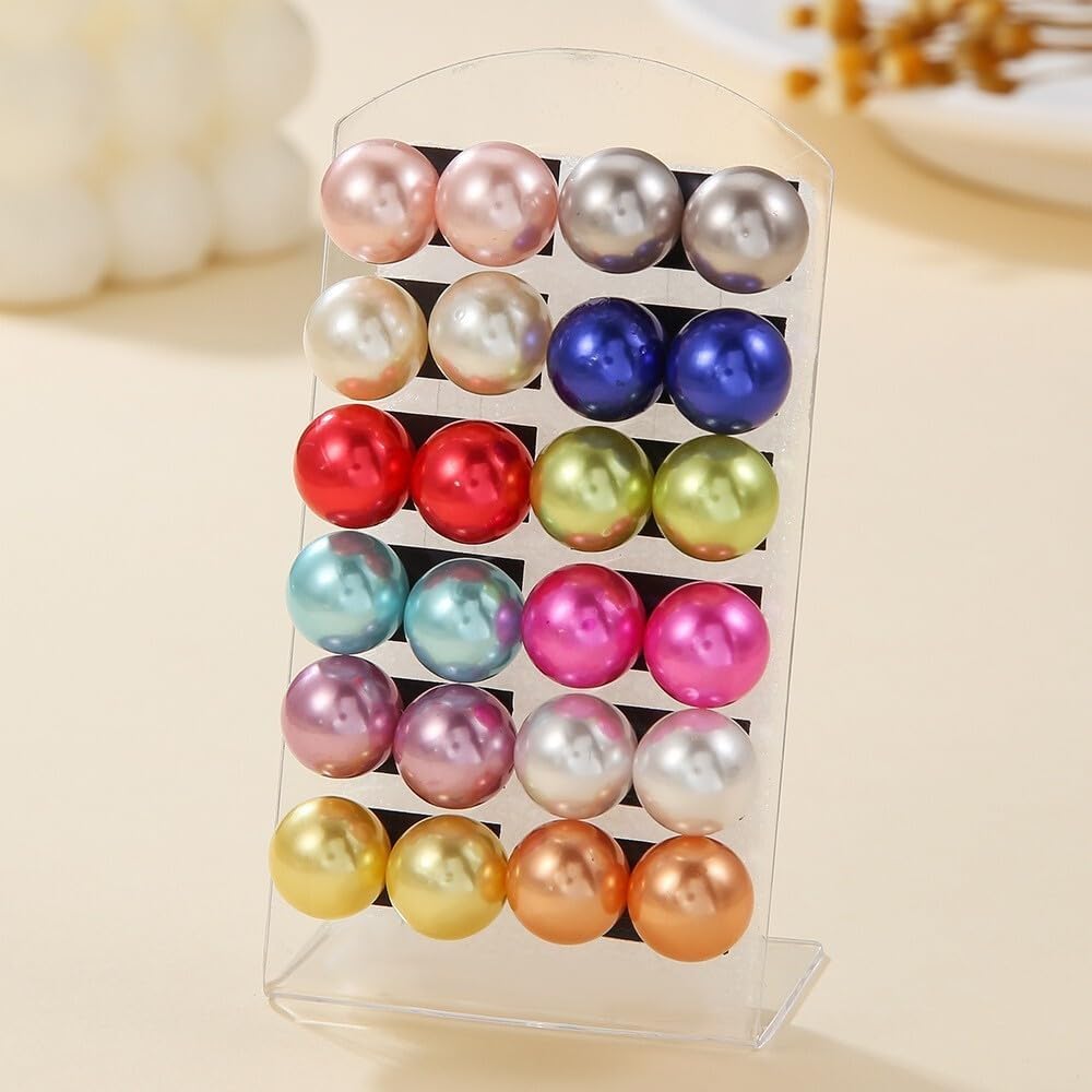 12Pairs Colorful Imitation Pearl Earring Set Classic Imitation Round and Spherical Pearl Studs Earrings 10mm / 0.39 Assorted Multiple Ball Earring for Women Bridal Wedding Party Jewelry Gifts