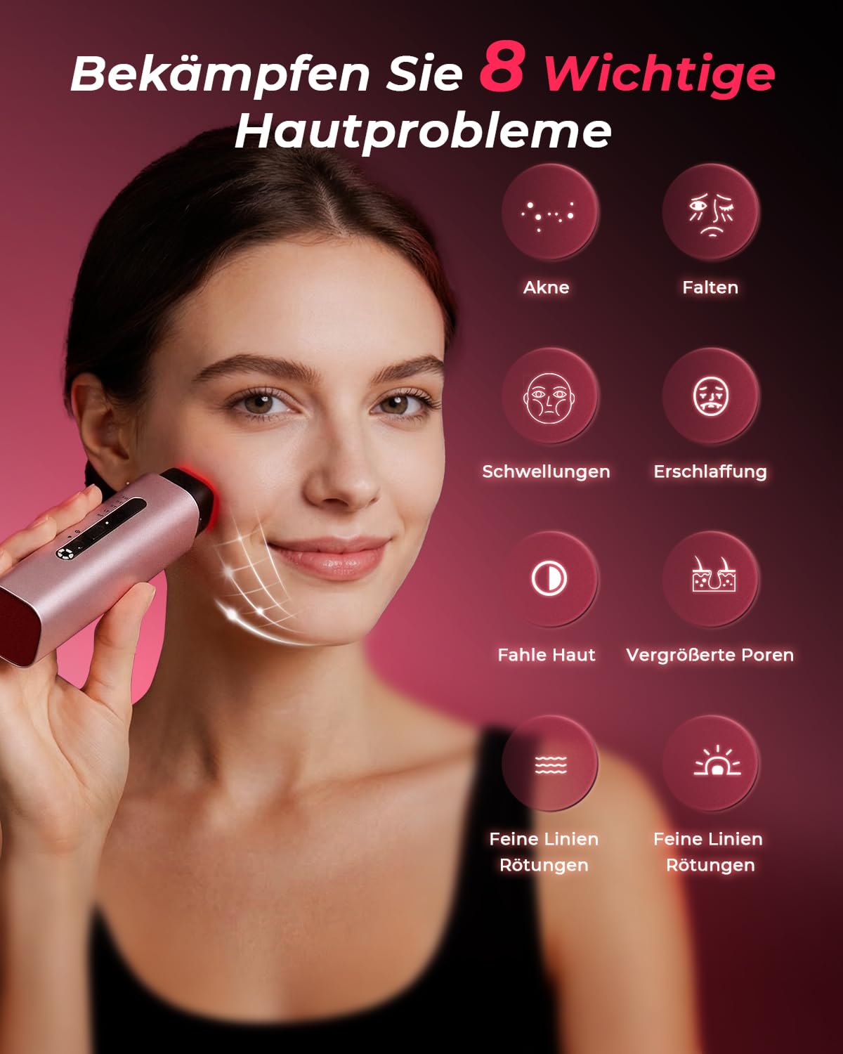 Gesichtsmassagegerät Radiofrequenz 5-in-1, EMS & Lichttherapie, Straffendes Lifting für Gesicht & Hals, Reduziert Falten, Feine Linien & Vergrößerte Poren, Anti-Falten, für Straffere Haut (Roségold)