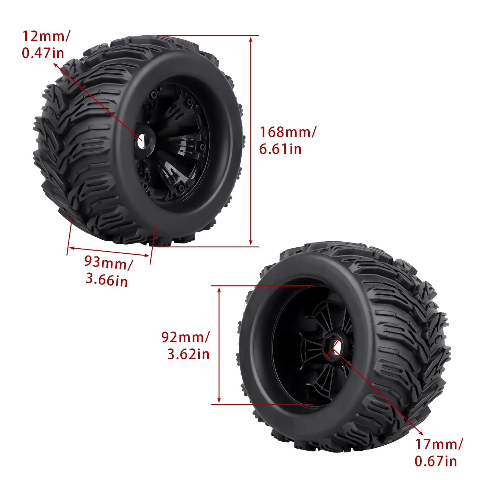 4Pcs GoHobby Pre-Glued 1/8 Truck Tires and Wheels - 17mm Hex - Compatible with Traxxas Maxx, T-maxx, E-Revo, Arrma Kraton, Redcat Kaiju, JLB Cheetah, and More