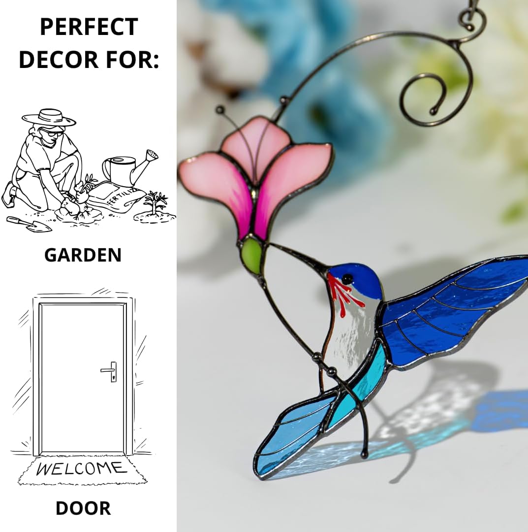 Multicolor Hummingbird Handmade Stained Glass Suncatcher Genuine Stained Glass Window Hangings Unique Indoor Ornament & Outdoor Decor (Blue Hummingbird)