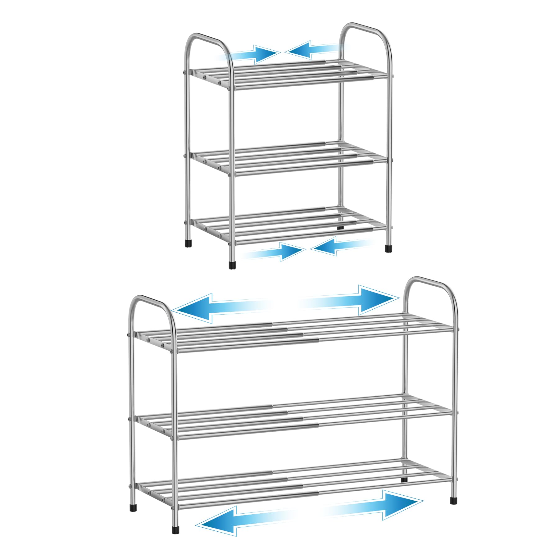 Botion 3 Tier Expandable Shoe Rack for Closet, Stainless Steel Shoe Shelf, Strong Weight Capacity Shoes Organizer, Easy to Install and Saving Space Standing Shelf with Sturdy Frame(3 Tier)