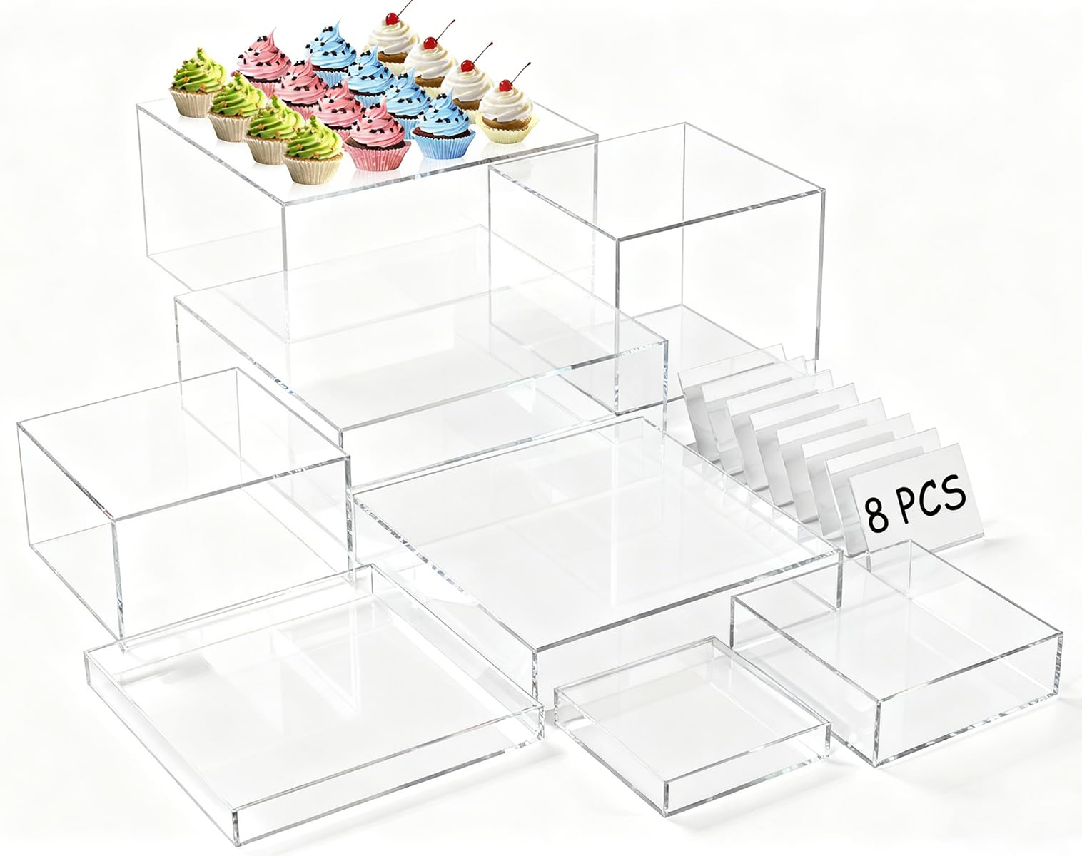 SUNEZLGO 8 rialzi per buffet, grandi alzate per alimenti in acrilico con mini cartelli, espositori per tavolo da buffet in acrilico trasparente, per feste, catering, dessert, gioielli, con fondo cavo