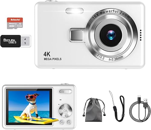 Miniatura 14 de Cámara digital, enfoque automático UHD 4K 50MP cámara de vlogging para fotografía con tarjeta SD de 32 GB, zoom 16X, antivibración, cámaras