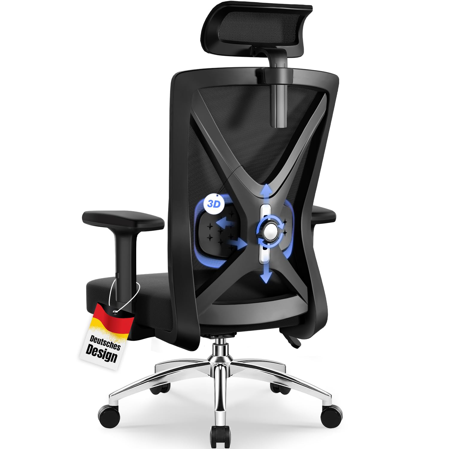 Daccormax Bürostuhl, Bürostuhl ergonomisch mit Verstellbaren Armlehnen, Weiche Lendenstütze und Kopfstütze Wippfunktion 200 kg