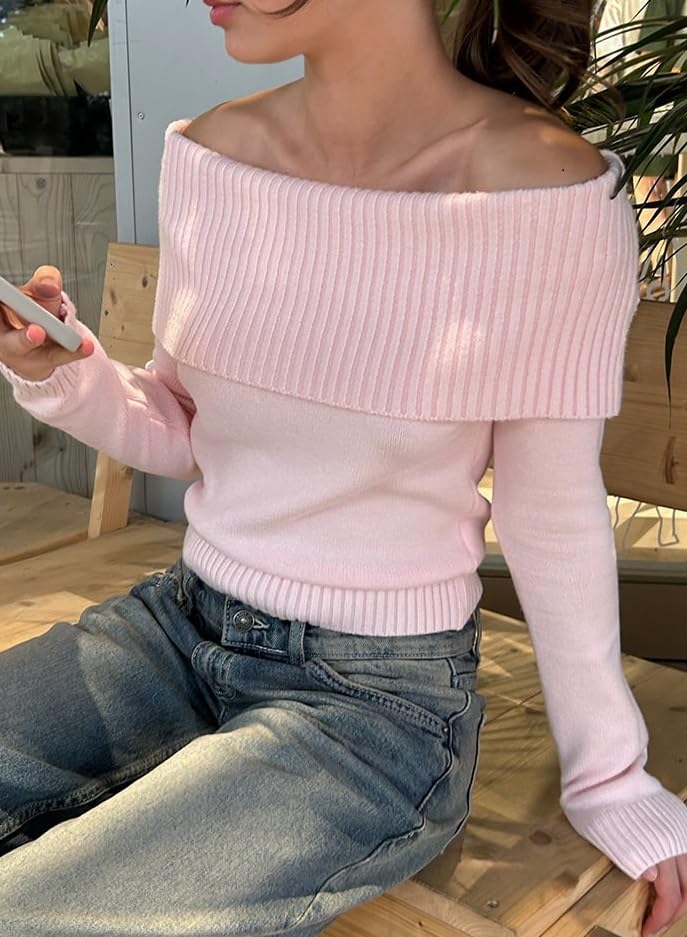 Women Fold Over Sweater Fall Off Shoulder Long Sleeve Oversized Cozy Pullover Knit Sweaters Y2K Girls Trendy Tops2