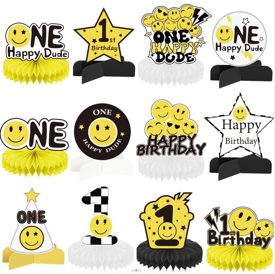 12PCS One Happy Dude Honeycomb Centerpieces Smiley Face Tables Decorations Honeycomb Balls 1st Birthday Party Supplies for Smiley Themed Family Birthday Home Party Decor Favor for Photo Backdrop