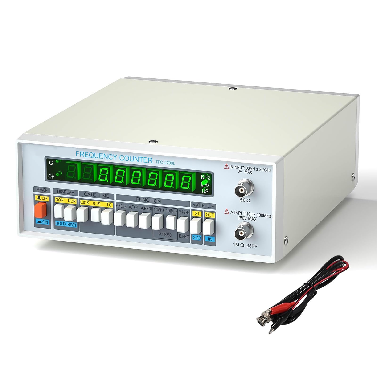 Contatore di Frequenza Ad Alta Precisione, Frequenzimetro Digitale Multifunzione, Elevata Stabilità, Display a LED a 8 Cifre, TFC2700L, per Laboratorio E Manutenzione di Apparecchiature