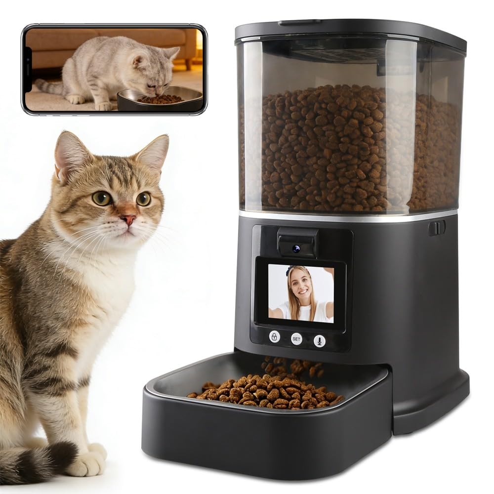 5L Automatic Cat Feeder with Camera, Two-Way Video 3MP HD & Audio, 5G WiFi Automatic Dog Feeder with Night Vision, Cat Food Dispenser with Dog Food Container for Multiple Pets