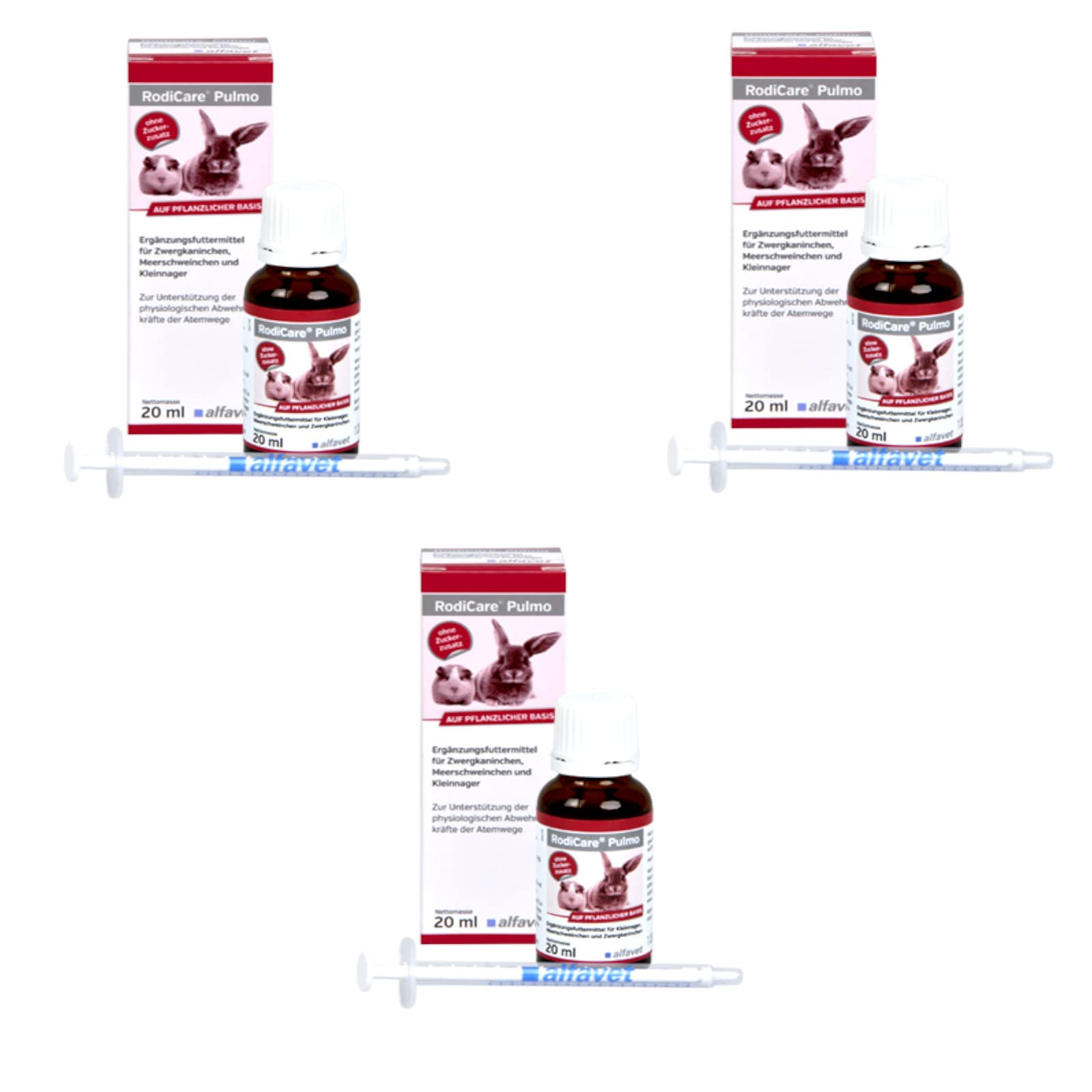 alfavet RodiCare Pulmo | 3er Pack | 3 x 20ml | Ergänzungsfuttermittel für Kleinnager | Zur Unterstützung der Atemwege von Meerschweinchen und Kleinnagern | Dosierspritze
