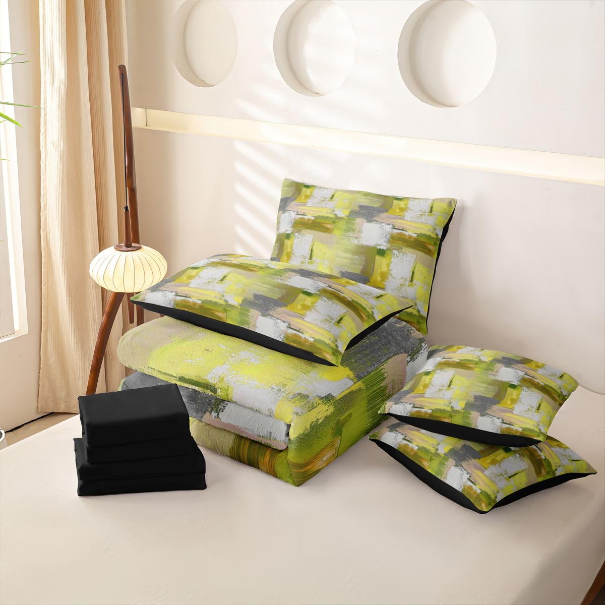 Loussiesd Set di biancheria da letto con copripiumino singolo astratto con lenzuola, per bambini, ragazzi e ragazze, motivo geometrico, giallo, verde, ombré, 7 pezzi, moderno, sfumato, decorazione per