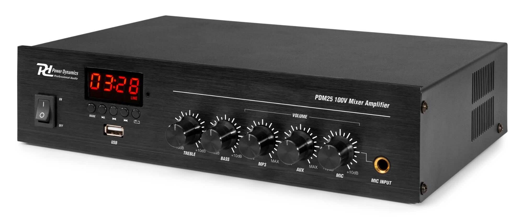 Power Dynamics 4X BHW30BK Hornlautsprecher mit PDM25 25W Verstärker Bluetooth, Mischpult-Funktion, 100V Beschallungsanlage inkl. Kabel, Outdoor, für Gastronomie – Schwarz