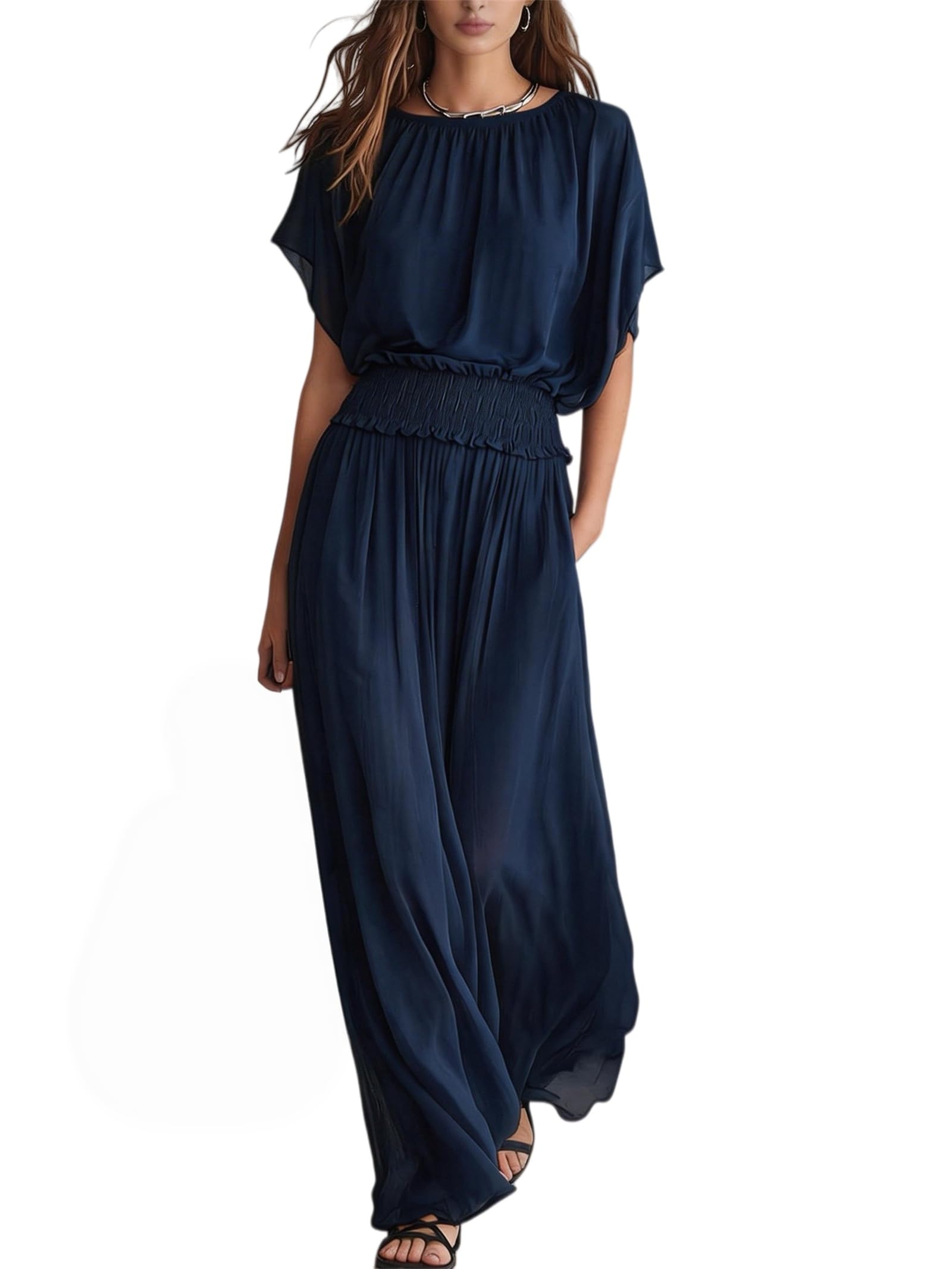 Abito Lungo Donna Vita Arricciata Fluido Elegante Maniche Pipistrello (Navy Blue,M)