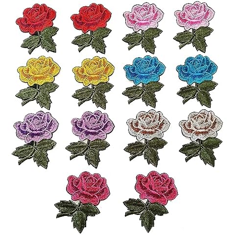 MISDONR 14pcs Rose Flower Embroidered Iron on Patches for Clothing, Jackets, Hats, Backpacks, Jeans (3.4 x 2.6 in) Cover