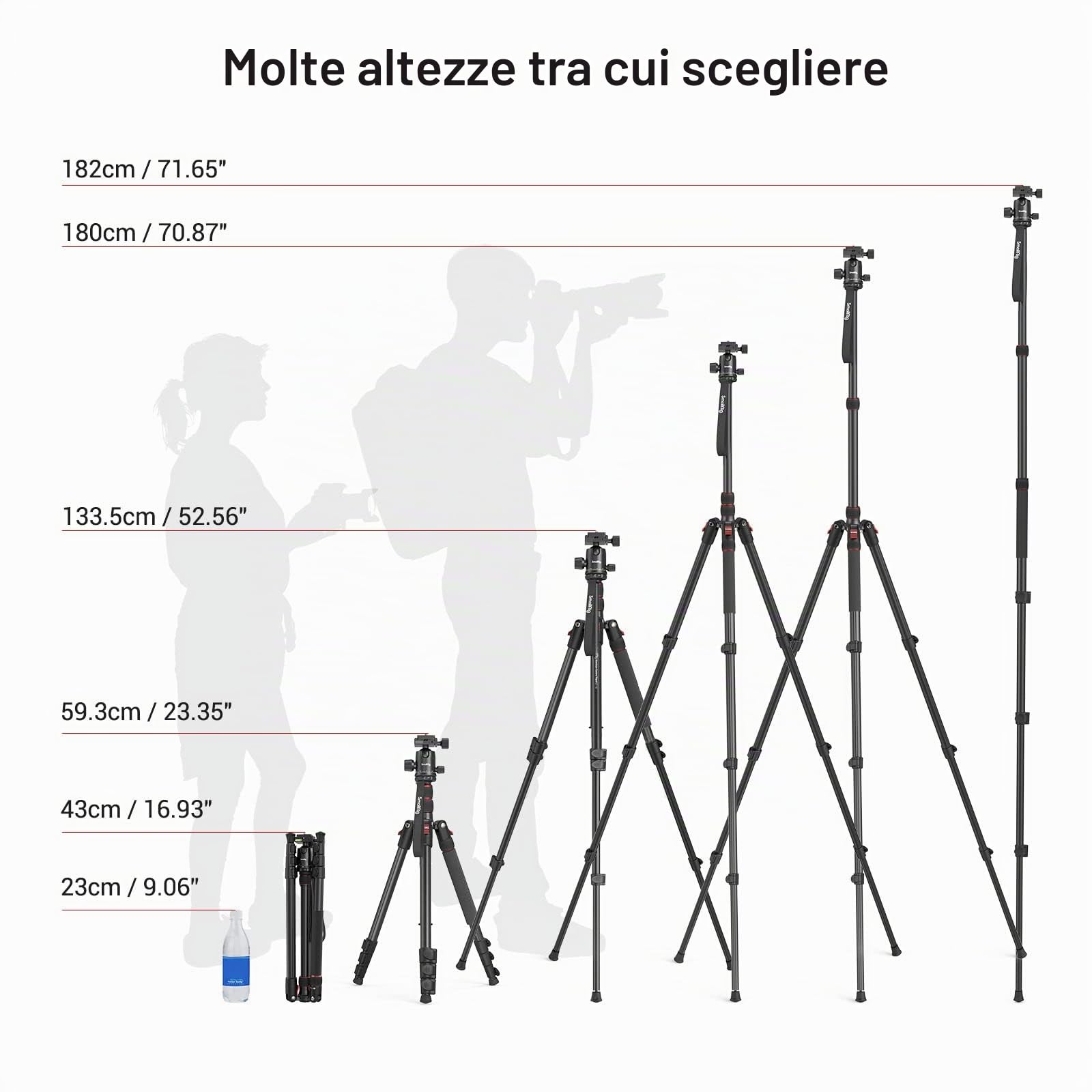 SMALLRIG Treppiede per Fotocamera Monopiede, Treppiede in Alluminio Leggero e Portatile da 72" 182 cm, Testa a Sfera a Sgancio Rapido a 360°, Carico Massimo 15 kg, Regolabile da 17" a 72" - 3935