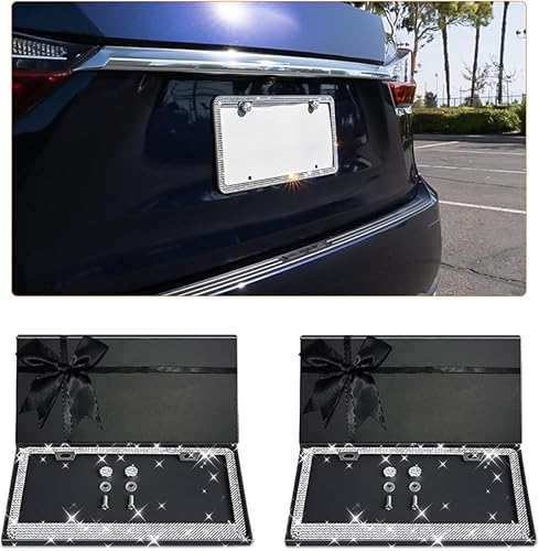 Ziciner Paquete de 2 marcos de matrícula brillantes con diamantes de imitación deslumbrantes, acero inoxidable hecho a mano de alta calidad, caja de