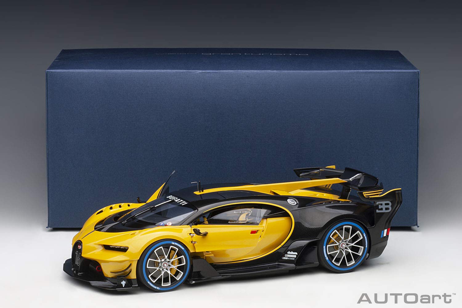 Bugatti Vision Gran Turismo 16" Giallo Midas/Metallic Yellow and Carbon Fiber 1/18 Model Car by