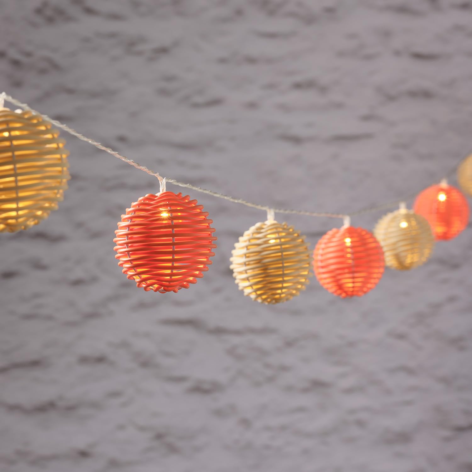 Lights4fun 10 LED Orange and Cream Wicker Rattan Ball Outdoor Solar Powered Decorative Garden String Fairy Lights Fully Waterproof 2.25m - Image 2