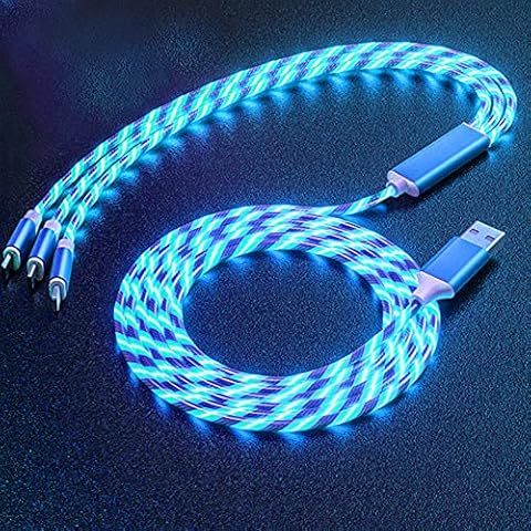 LED Flowing USB Cable, 1.2 m Flowing Light Charging Cable, Multi 3-in-1 USB Luminous Charging Cable, Compatible with Micro USB TypeC for Phone, Samsung Galaxy, Huawei and More (Blue) Cover