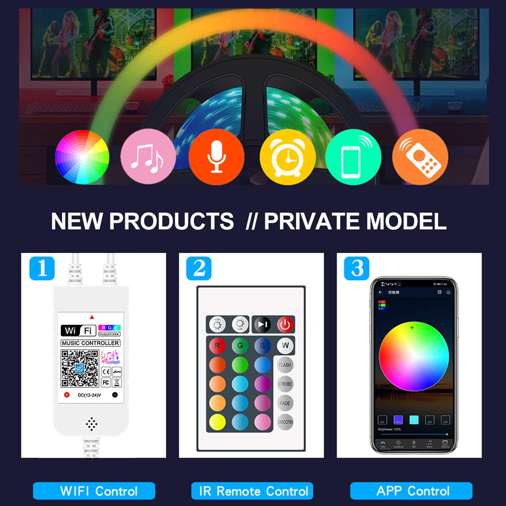 Striscia LED 5M, WiFi Luci LED Colorate Smart Phone Strisce LED Compatibile RGB SMD 5050 Musica SYNC LED Strip Controllo App E 24 Tasti Telecomando RF per Casa Cucina Festa TV Decorazione,10M