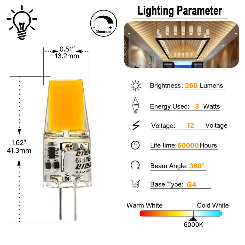 LED-Birnen G4 Bi-Pin-Sockel, 3 W-260 lm (30 W Halogen-Äquivalent), 360 ° Abstrahlwinkel, kein Flimmern, AC DC 12 V Niederspannung, dimmbare G4-Glühlampen (10er-Pack)