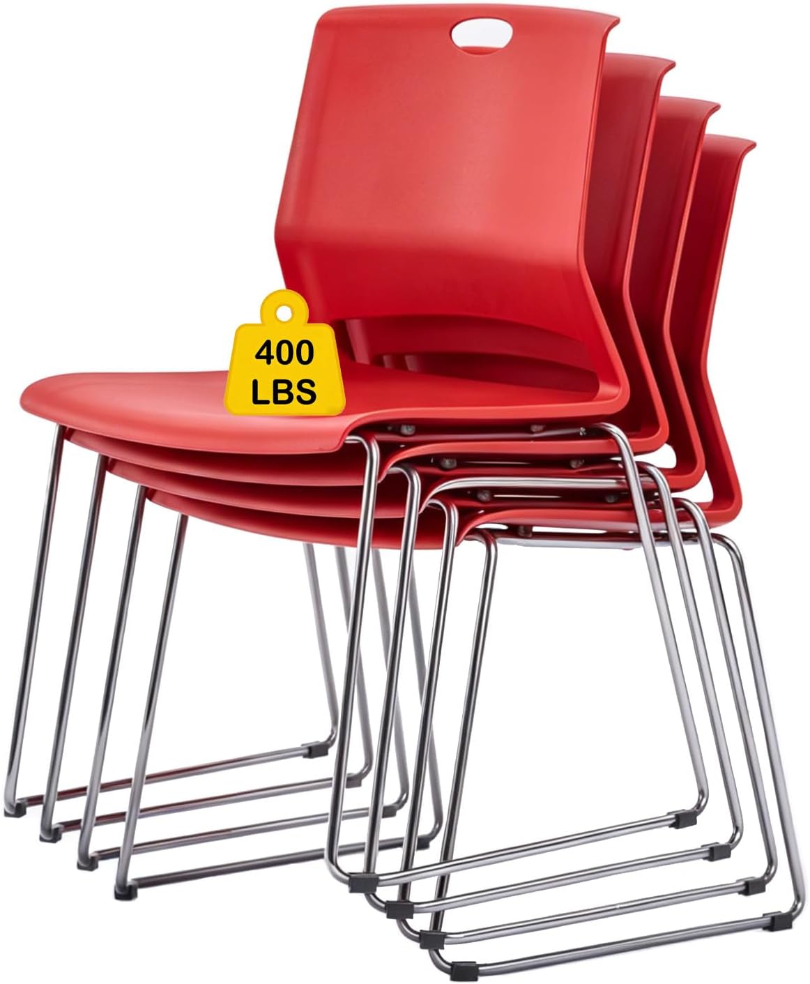 Red Stackable Chairs Set of 4, Modern Metal Sled Base Stacking Office Chairs with Wide Plastic Seat for Break Room Waiting Room Conference Church Banquet Lobby