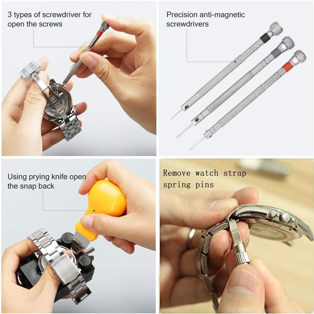 GOOGUJIA Watch Repair Tool Kit, Case Opener Spring Bar Tool, Watch Battery Replacement Tool Kit, Watch Band Link Removal Tool Set with Carrying Case and Instruction Manual For Beginner (172, Medium)
