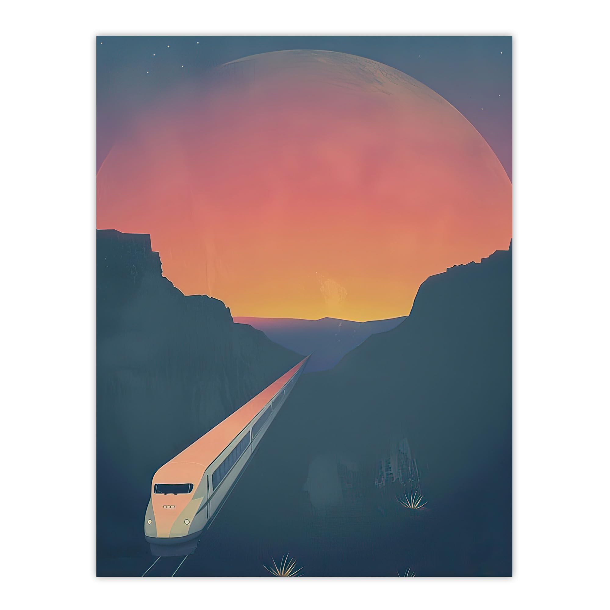 Artery8 Retro Futurism Sci Fi Planet Train Travel Design Living Room Large Wall Art Poster Print Thick Paper 18X24 Inch