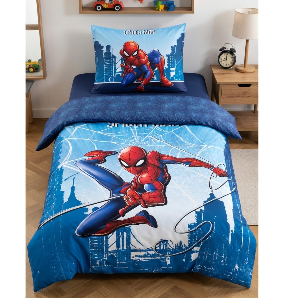 Spider-Man Pościel 140x200 + Poszewka 70x90 Niebieska Czerwona | Odwracalna pościel jednoosobowa | Bawełna naturalna oddychająca Oeko-Tex | Marvel | Chłopcy | Prezent | Dekoracja pokoju