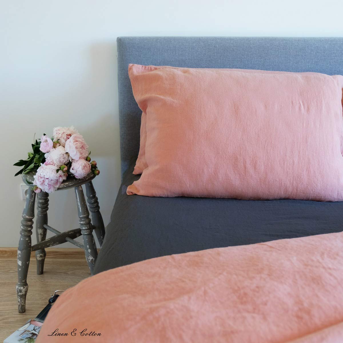 Linen & Cotton Alicia miękkie w dotyku prześcieradło z gumką – 100% len, sprane, węgiel drzewny, szare (150 x 200 cm) prześcieradło lniane, na łóżko, podwójne łóżko