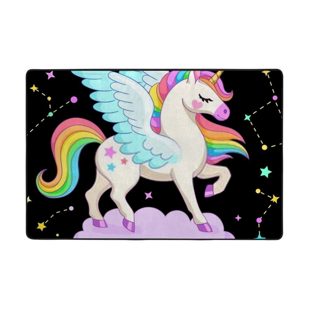 Tapis grand salon lavable et résistant imprimé Pégase céleste sur nuage rose pour enfants