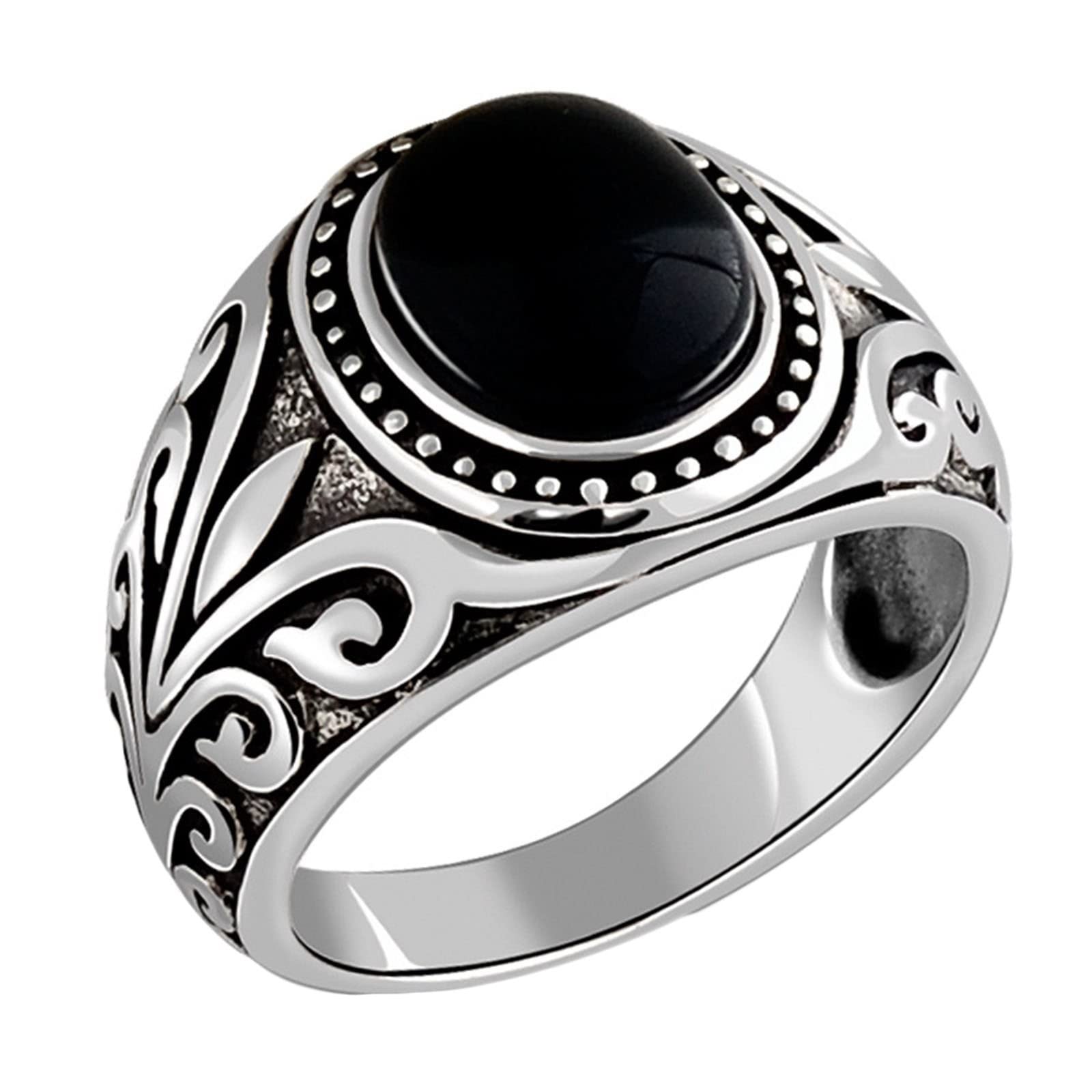 AMDXD Sterling 925 Silber Ringe, Antique Muster Ringe Silber Jungs für Herren, Biker Hip Hop Ring mit Achat Schwarz Oval Form, Silber, Echtschmuck