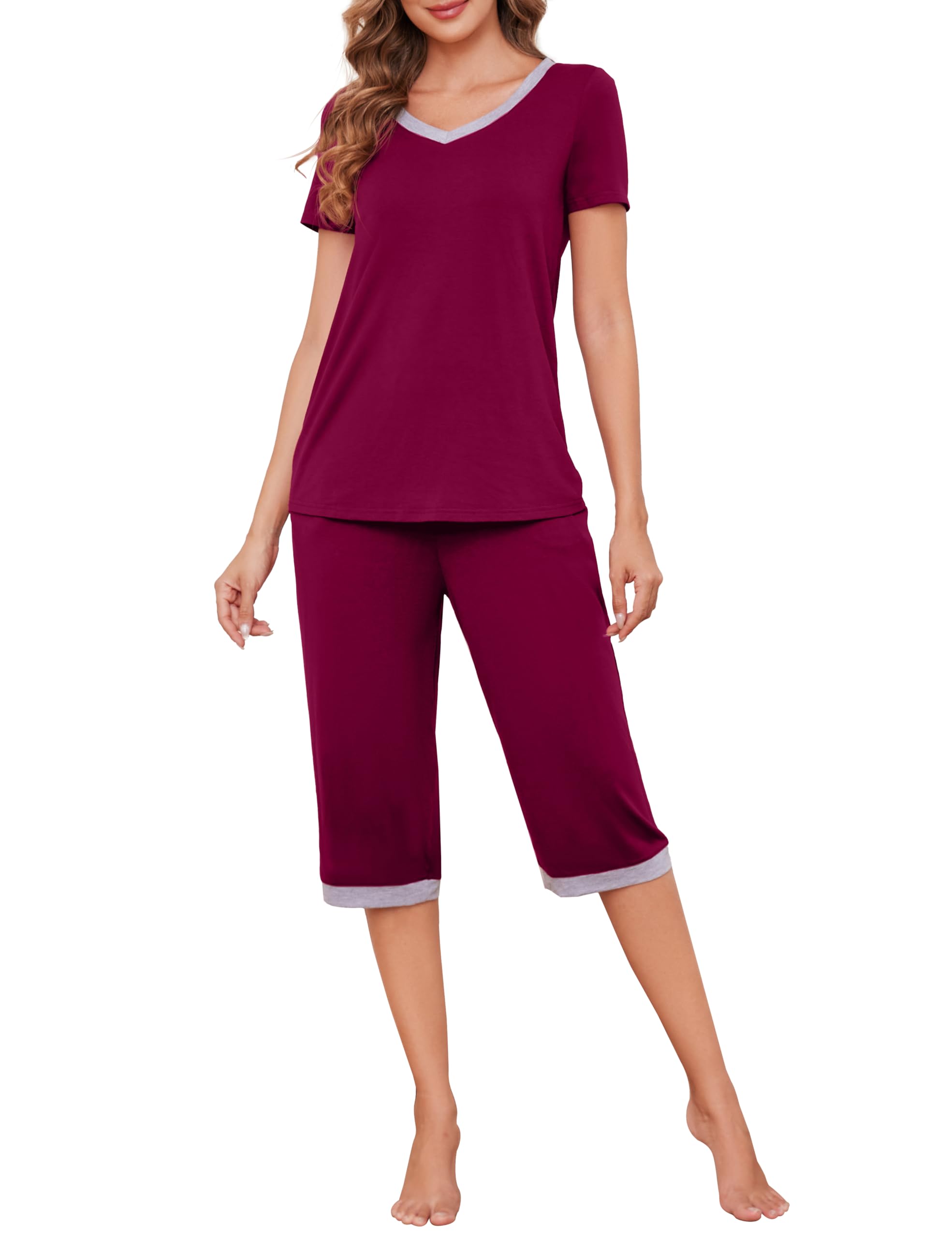 Actcat Schlafanzüge für Damen V-Ausschnitt Kurzarm Top und 3/4 Lang Hose Zweiteiler Nachtwäsche