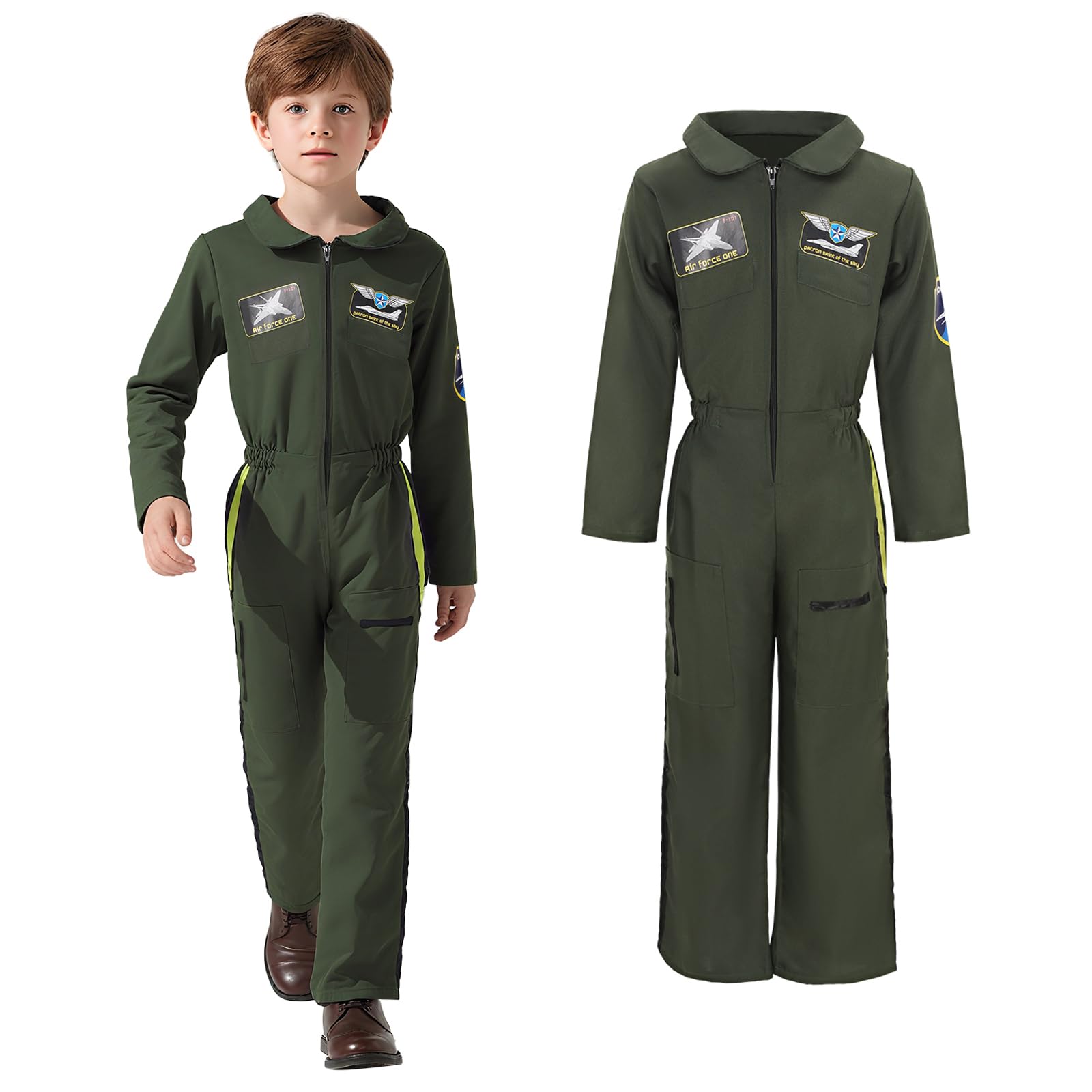 JoyFuncos Fighter Pilot Costume Kids Aviator Jumpsuit Flight Suit Halloween Outfit 1940s Fancy Dress for Boys Girls Party Cosplay (110) - Image 2
