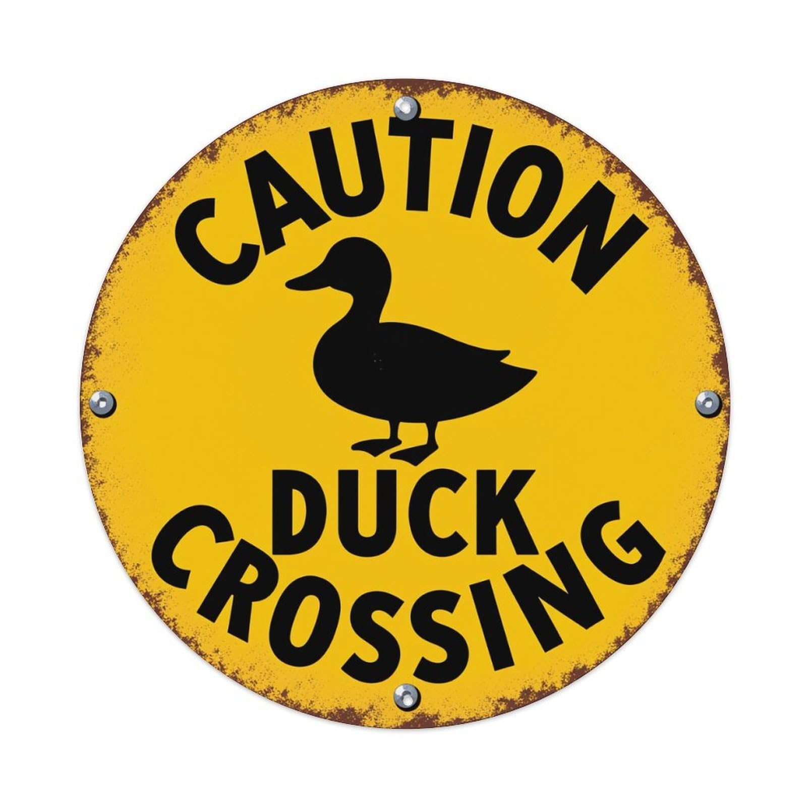 Caution Duck Crossing Sign Pattern Round Tin Sign Vintage Metal Poster, Home Bar Garage Man Cave Cafe Indoor & Outdoor Wall Decoration 8x8Inches