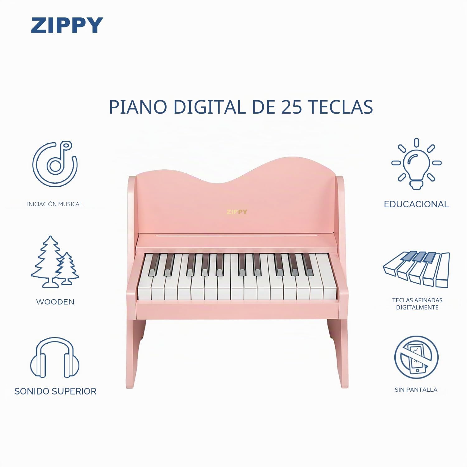 ZIPPY Teclado de Piano para niños, 25 Teclas, Volumen Ajustable, Mini Instrumento de Aprendizaje de música, Piano de Madera para niños pequeños (Rosa)