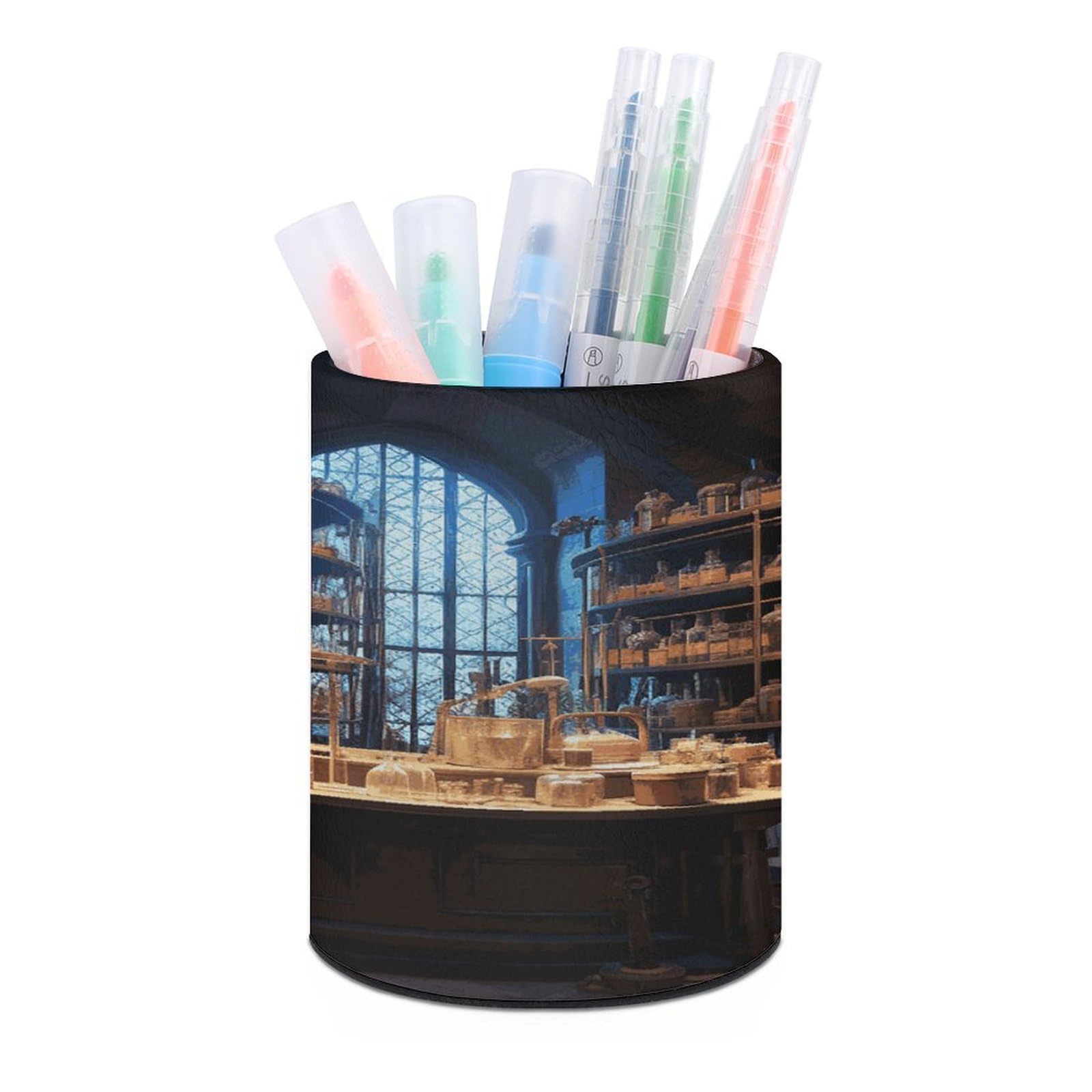 JTREHY - Chemistry Lab Pen Holder Round Makeup Pencil Holder PU Leather Coaster Stationery Organizer Office Accessories Box for