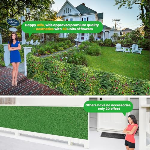 Artificial Grass Wall Roll 40"x120" (3.33ft x 10ft,33.3 Sq.ft), 3D Green Grass Wall for Outdoor Fence Indoor Decor, Greenery Privacy Screen for Patio Backyard, with DIY 60 PCS Violet Flower