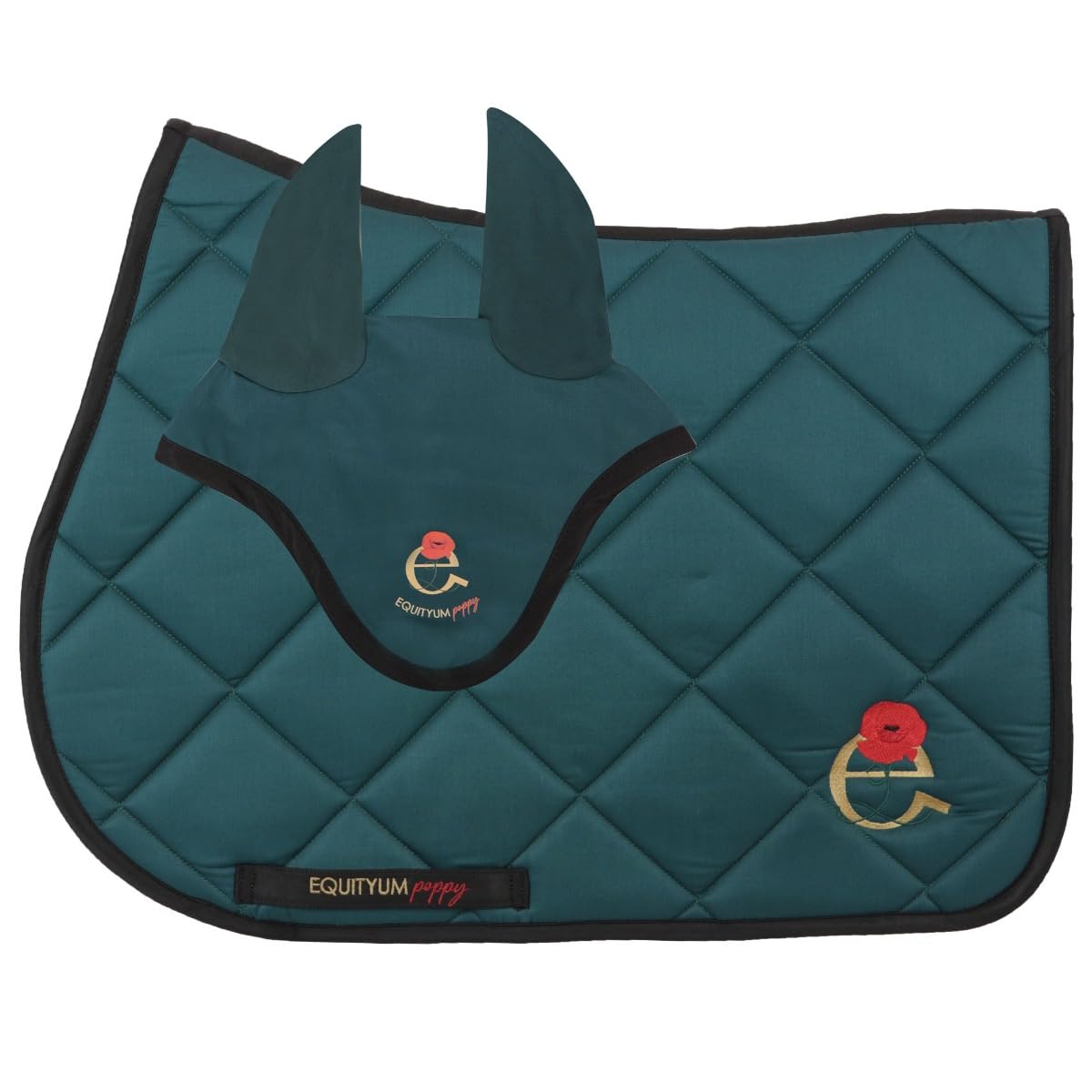 Sottosella + Cuffietta Equityum Poppy,Alta Qualità, Design Italiano, Materiali Innovativi, Traspirabilità e Dettagli Raffinati per il Comfort del Cavallo (verde/nero, cob)