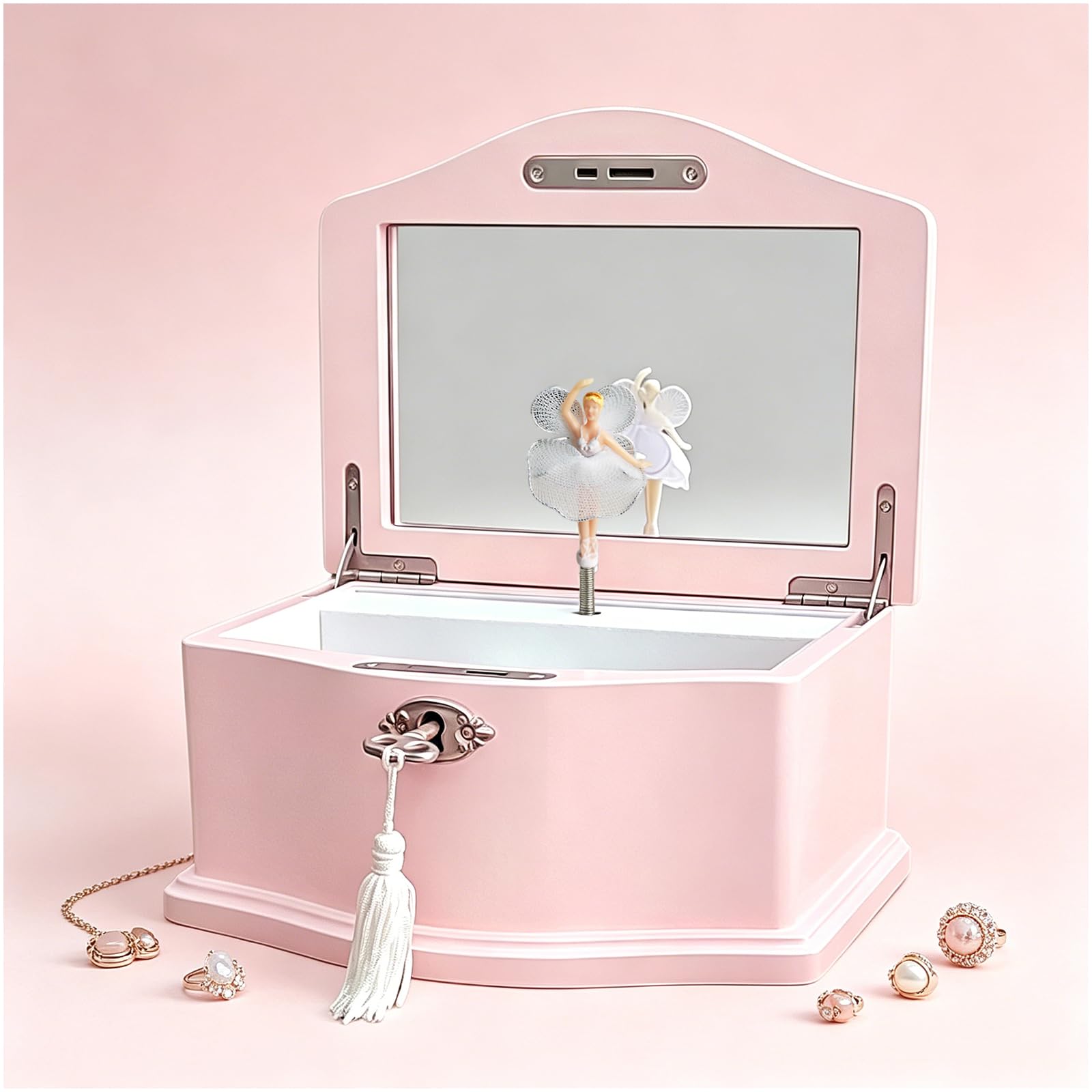 Boîte à bijoux musicale en bois rose avec ballerine
