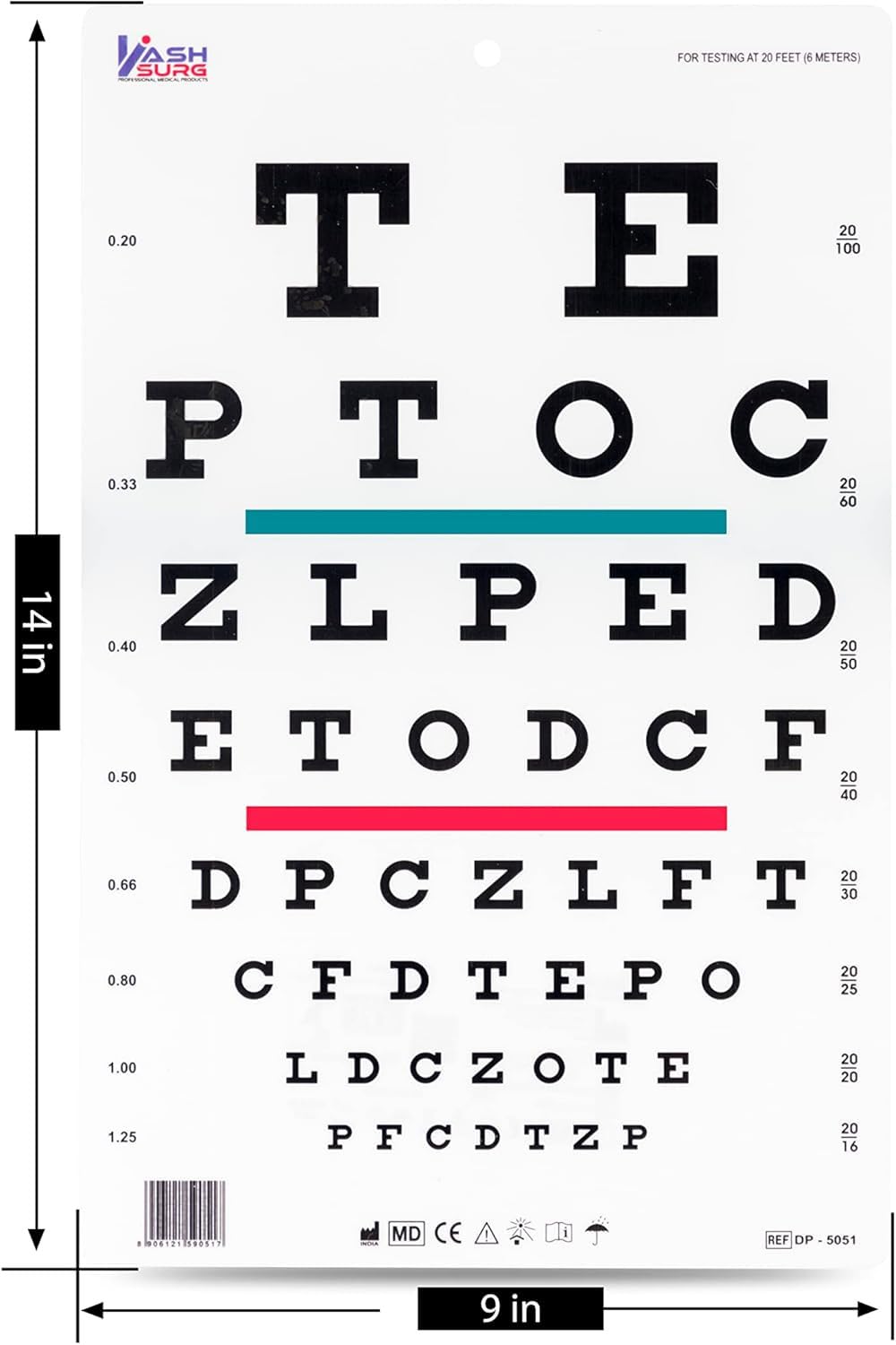 KASHSURG Snellen Chart with Red Green Lines 20 Ft_170_Pack of 31.