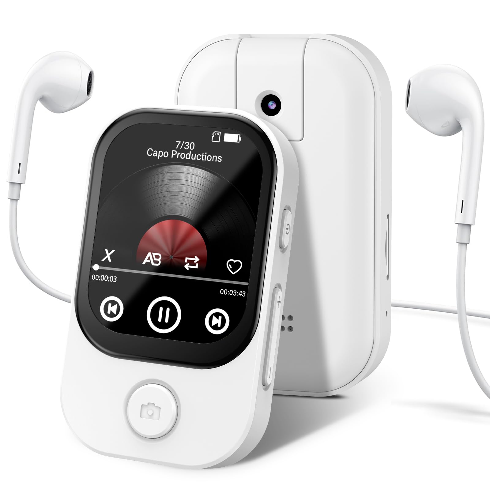 64GB Lettore MP3 Bluetooth 5.4 con fotocamera apribile a 180°, RWSRW, mini lettore musicale HD, altoparlante FM, album fotografico, ideale per Hi-Fi, lettore e-book, contapassi (Bianco)