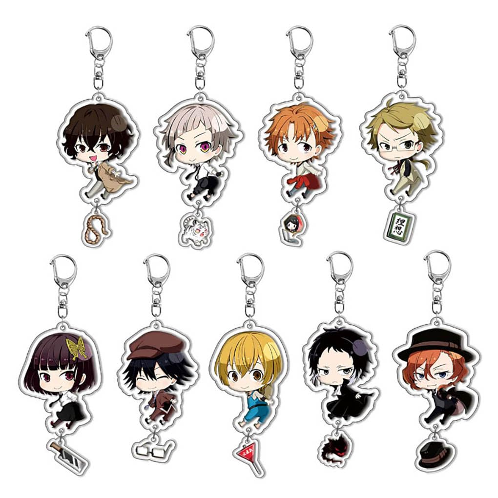 9 Pcs Bungo Strays Dogs Keychain Anime Figure Dazai Keyring Pendant Cute Acrylic Chain Decor Bungo Strays Dogs Merch