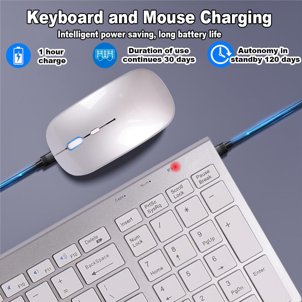 Set tastiera e mouse wireless da 2,4 GHz, Bluetooth e Type-C, 3 modalità e 5 canali, ricaricabile, portatile, compatto, silenzioso, sottile, tastiera e mouse combinato, 1600 DPI, QWERTY US, argento