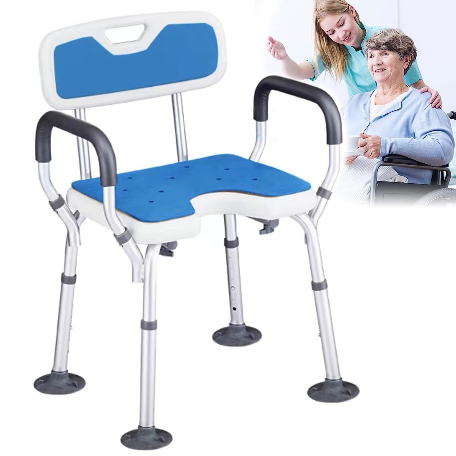 LXURY Silla Ducha con Reposabrazos Y Cojín Asiento En U Banqueta Baño Altura Regulable para Discapacitados Silla Baño Ancianos Antideslizante Taburete Ducha Banqueta Ducha